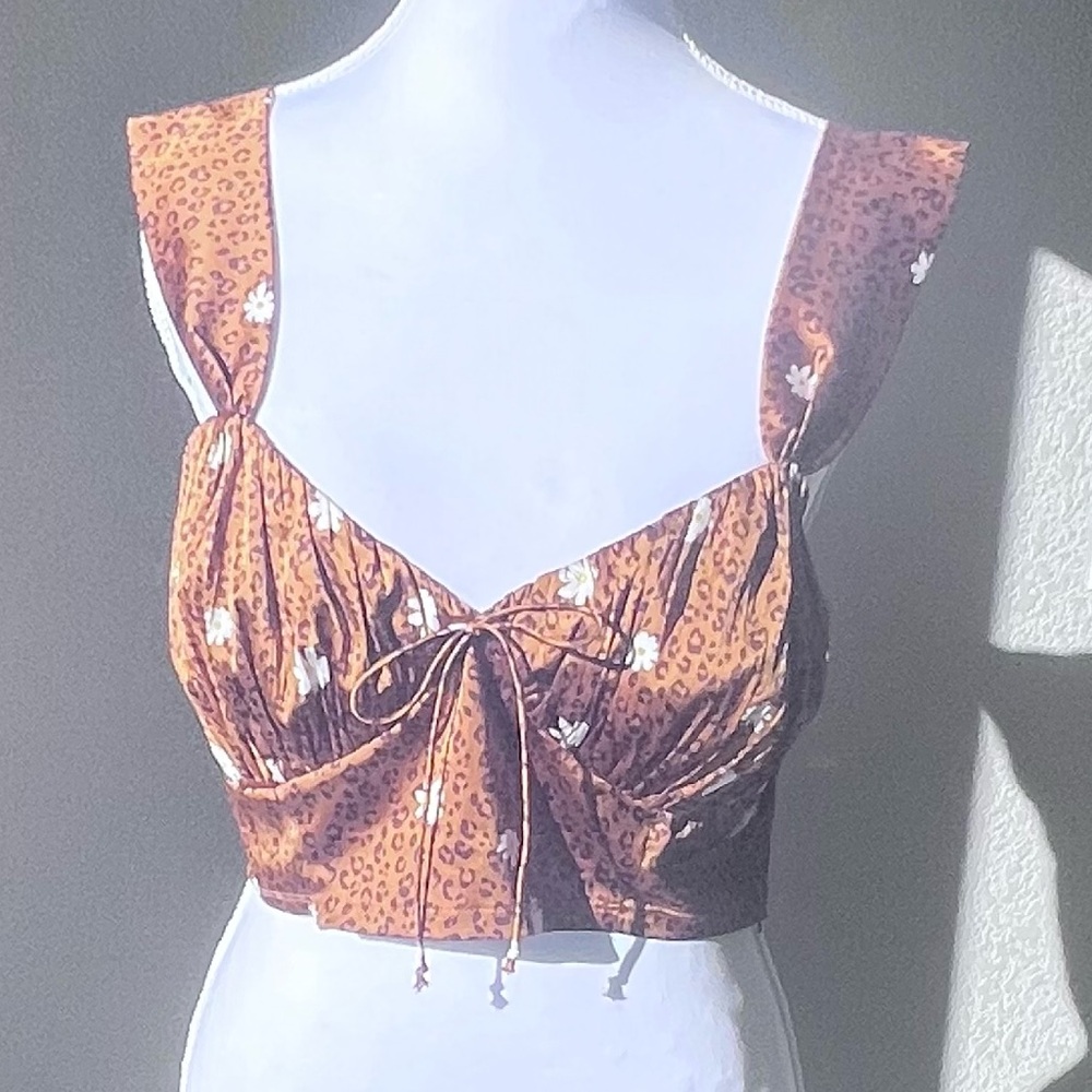 For Love And Lemons Leopard Cheetah Floral Print Bronze Crop Bustier Side Zip
